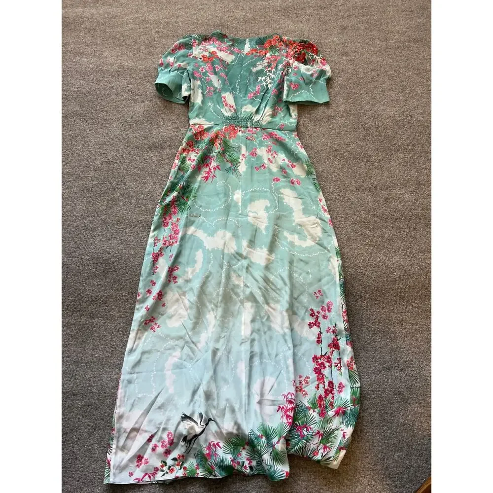 NWT $975 SALONI Bianca Blue Hanami Clouds Pure Silk Jacquard Crepe Chine Dress 4 - Picture 8 of 13